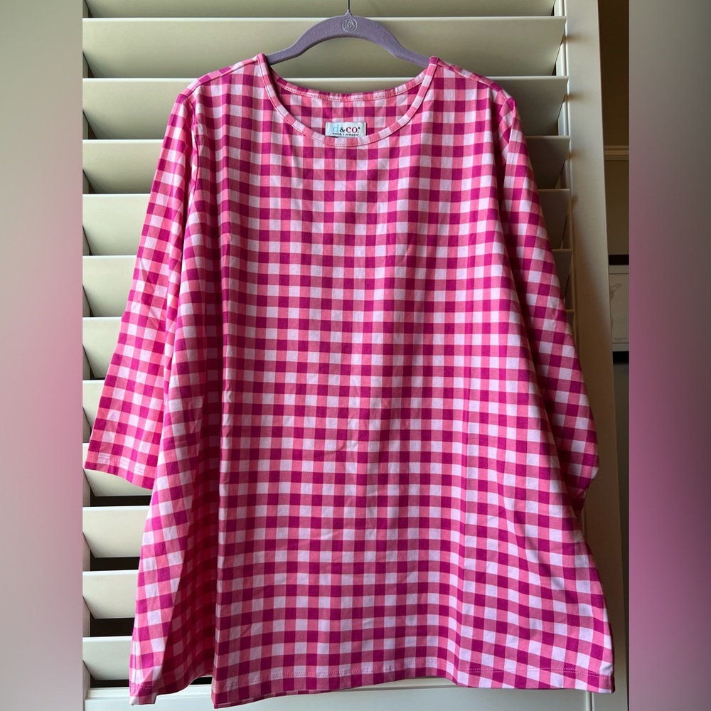 Denim&Co. Pink Checkered Long Sleeve Tee